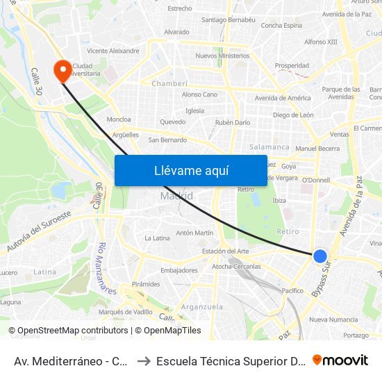 Av. Mediterráneo - Conde Casal to Escuela Técnica Superior De Edificación map