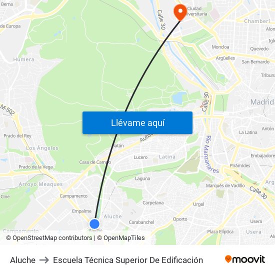 Aluche to Escuela Técnica Superior De Edificación map