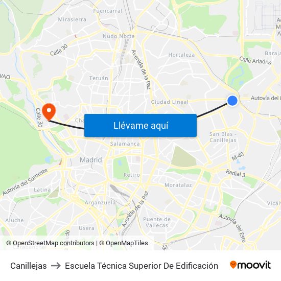 Canillejas to Escuela Técnica Superior De Edificación map