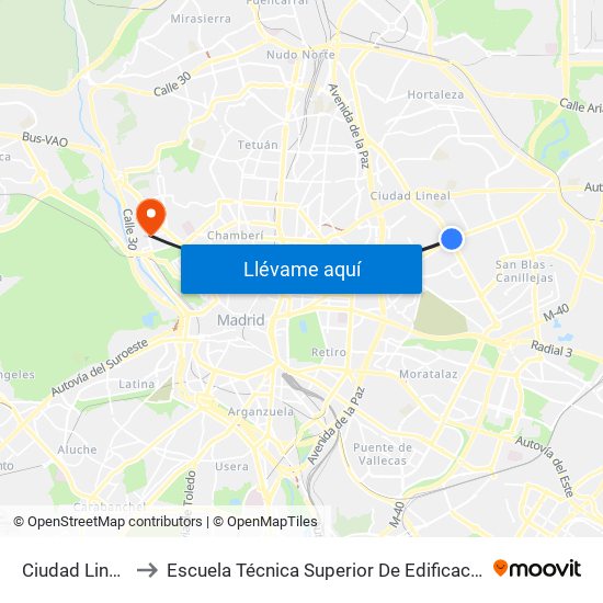 Ciudad Lineal to Escuela Técnica Superior De Edificación map