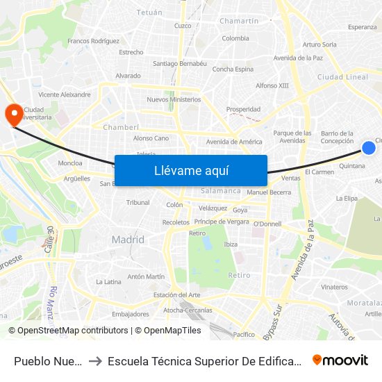 Pueblo Nuevo to Escuela Técnica Superior De Edificación map