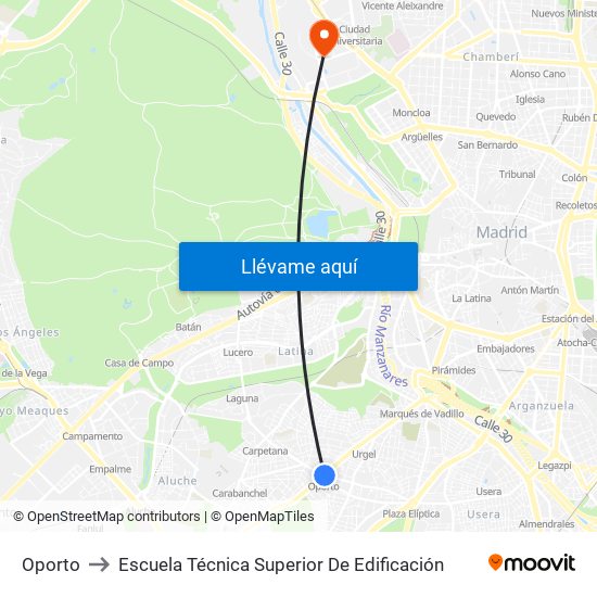 Oporto to Escuela Técnica Superior De Edificación map