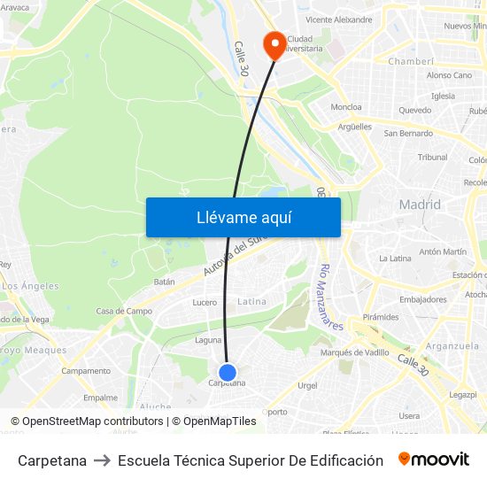 Carpetana to Escuela Técnica Superior De Edificación map