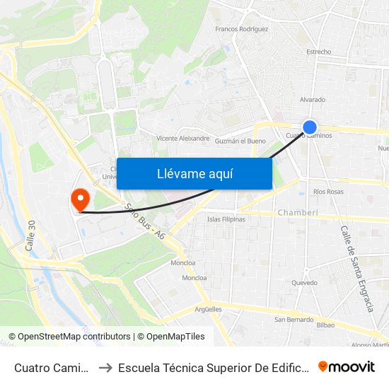 Cuatro Caminos to Escuela Técnica Superior De Edificación map