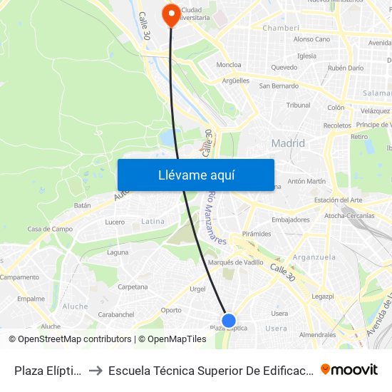 Plaza Elíptica to Escuela Técnica Superior De Edificación map