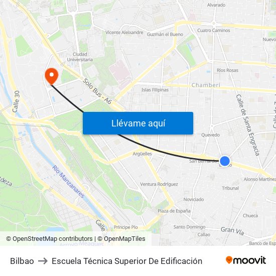 Bilbao to Escuela Técnica Superior De Edificación map
