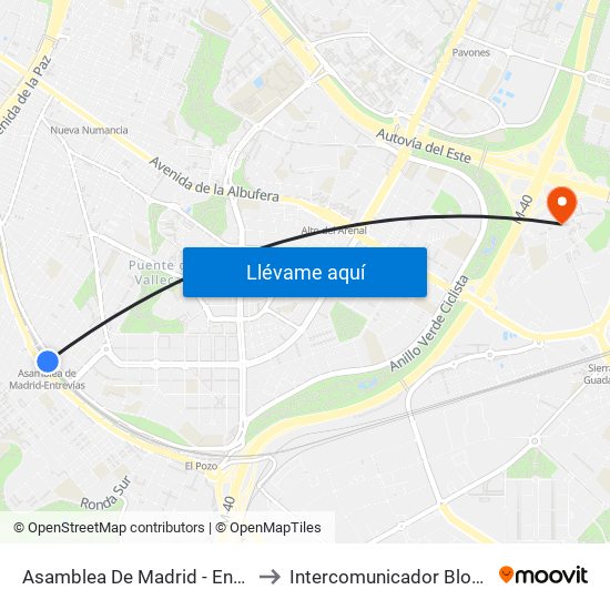 Asamblea De Madrid - Entrevías to Intercomunicador Bloque IV map