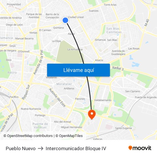 Pueblo Nuevo to Intercomunicador Bloque IV map