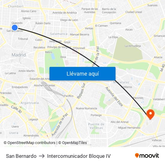 San Bernardo to Intercomunicador Bloque IV map