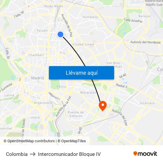 Colombia to Intercomunicador Bloque IV map