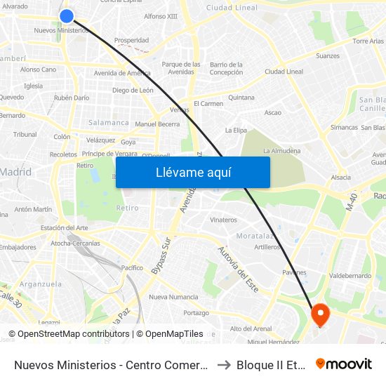 Nuevos Ministerios - Centro Comercial to Bloque II Etsis map