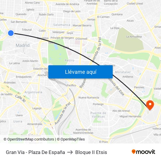 Gran Vía - Plaza De España to Bloque II Etsis map