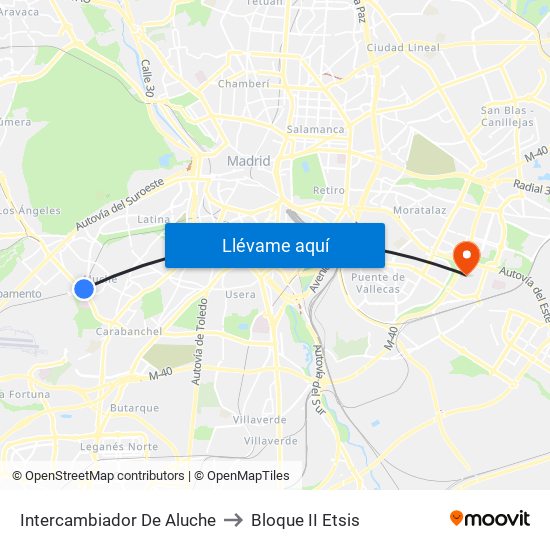 Intercambiador De Aluche to Bloque II Etsis map