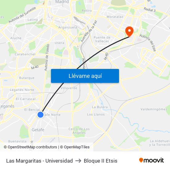 Las Margaritas - Universidad to Bloque II Etsis map