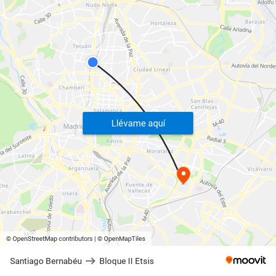 Santiago Bernabéu to Bloque II Etsis map