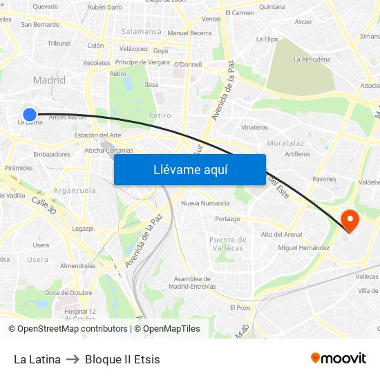La Latina to Bloque II Etsis map