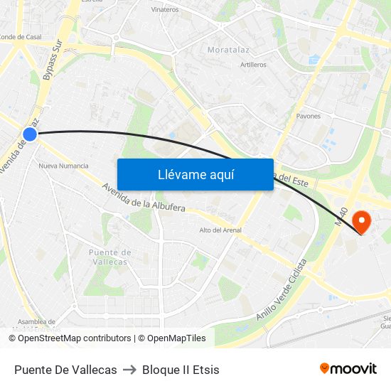 Puente De Vallecas to Bloque II Etsis map