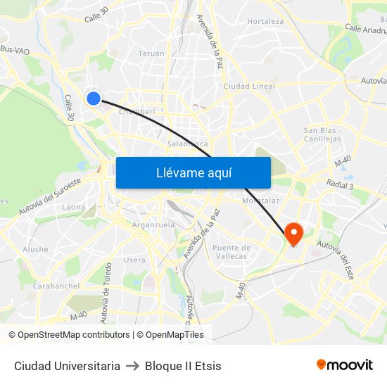 Ciudad Universitaria to Bloque II Etsis map