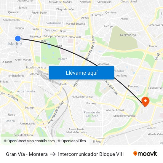 Gran Vía - Montera to Intercomunicador Bloque VIII map