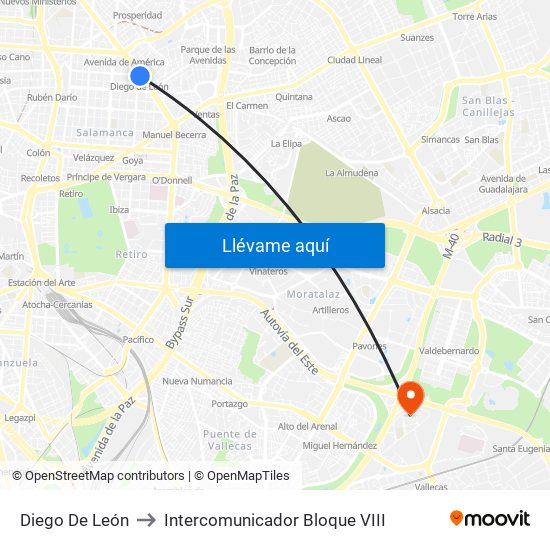 Diego De León to Intercomunicador Bloque VIII map
