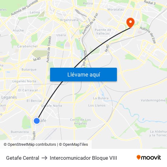 Getafe Central to Intercomunicador Bloque VIII map