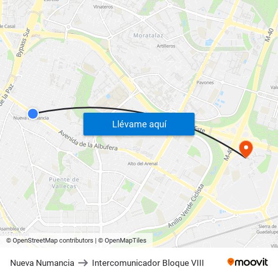 Nueva Numancia to Intercomunicador Bloque VIII map