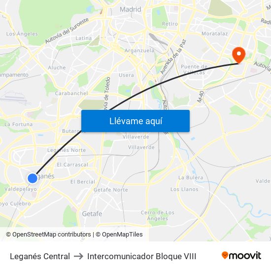 Leganés Central to Intercomunicador Bloque VIII map