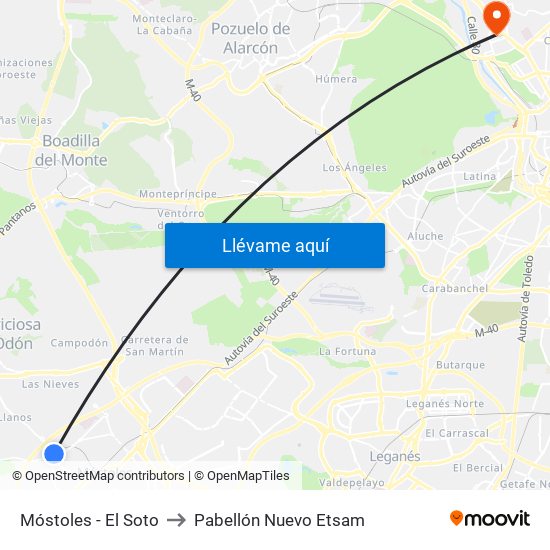 Móstoles - El Soto to Pabellón Nuevo Etsam map