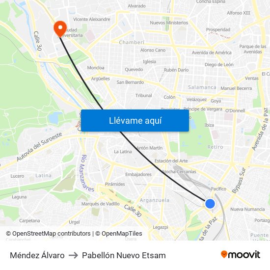 Méndez Álvaro to Pabellón Nuevo Etsam map