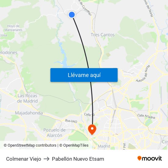 Colmenar Viejo to Pabellón Nuevo Etsam map
