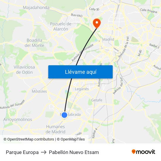 Parque Europa to Pabellón Nuevo Etsam map