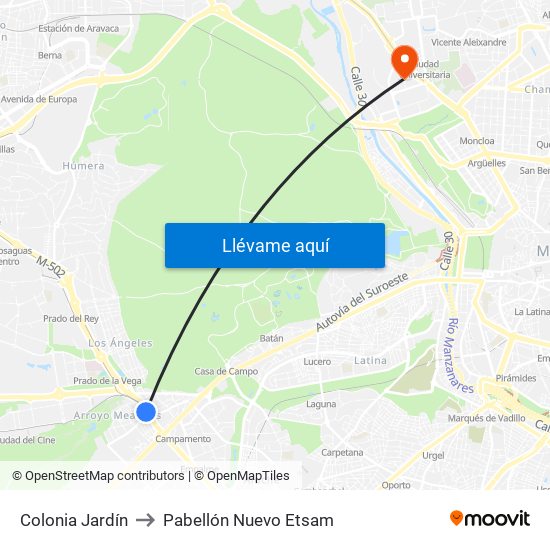 Colonia Jardín to Pabellón Nuevo Etsam map