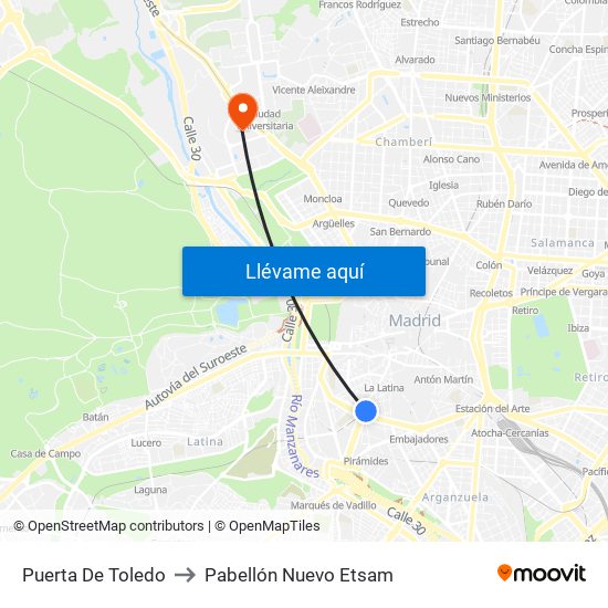 Puerta De Toledo to Pabellón Nuevo Etsam map