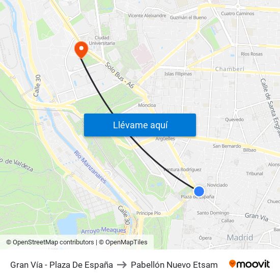 Gran Vía - Plaza De España to Pabellón Nuevo Etsam map