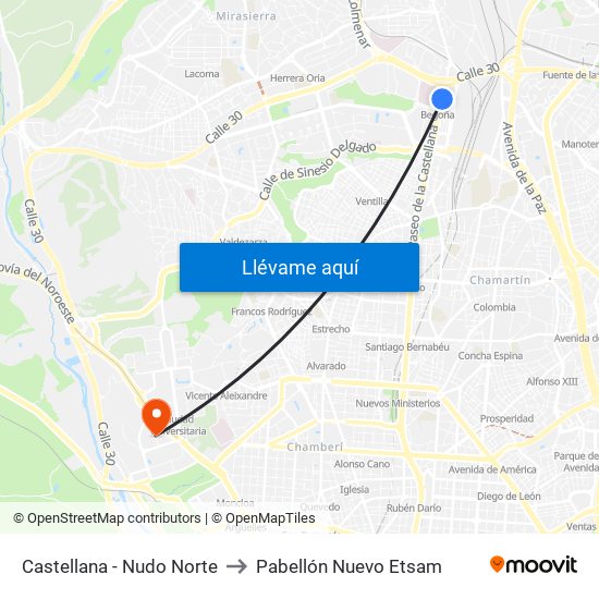 Castellana - Nudo Norte to Pabellón Nuevo Etsam map