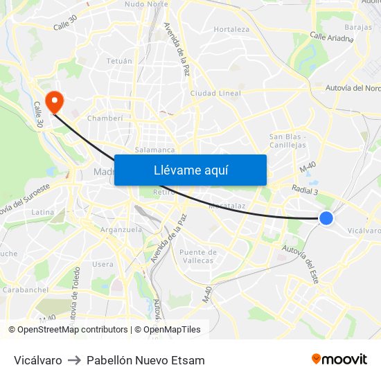 Vicálvaro to Pabellón Nuevo Etsam map
