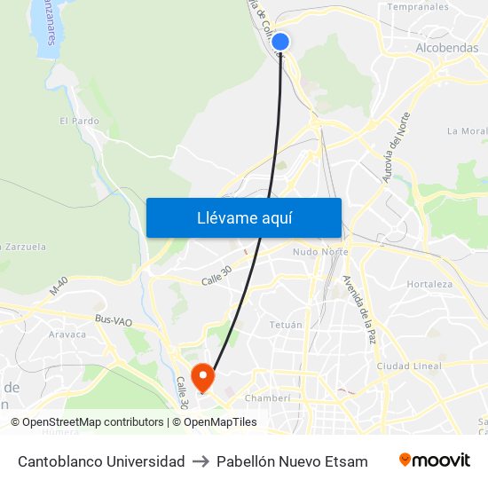 Cantoblanco Universidad to Pabellón Nuevo Etsam map