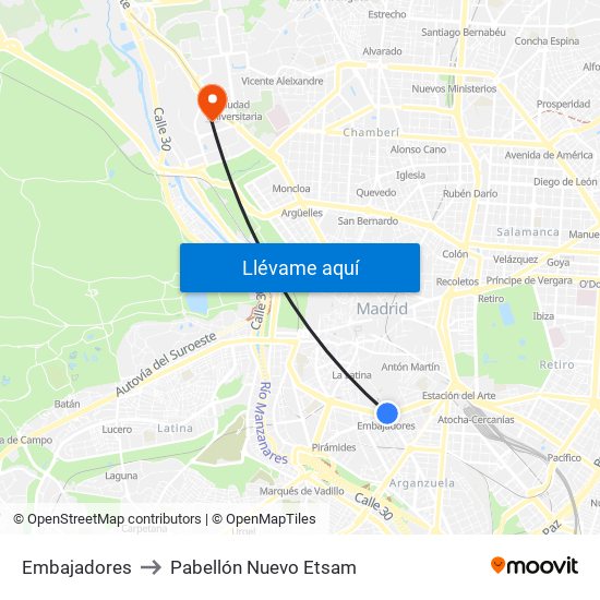 Embajadores to Pabellón Nuevo Etsam map