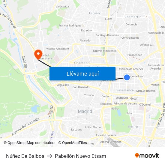 Núñez De Balboa to Pabellón Nuevo Etsam map