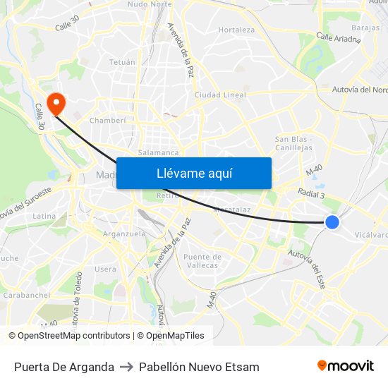 Puerta De Arganda to Pabellón Nuevo Etsam map