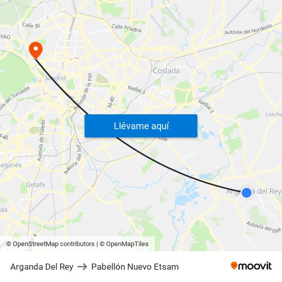 Arganda Del Rey to Pabellón Nuevo Etsam map