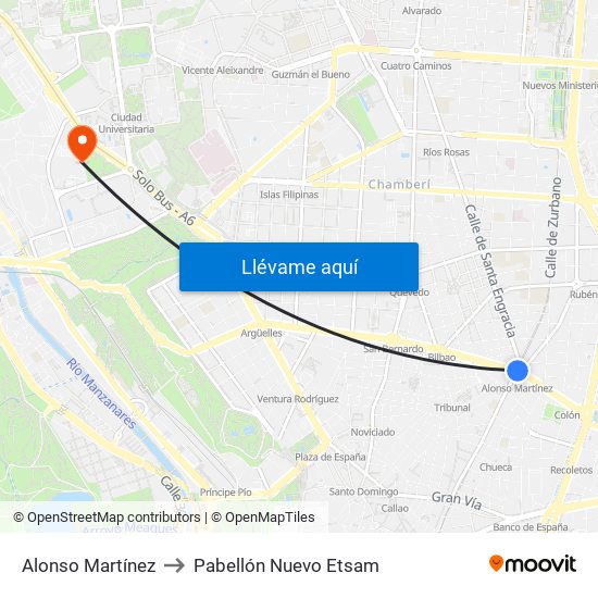 Alonso Martínez to Pabellón Nuevo Etsam map