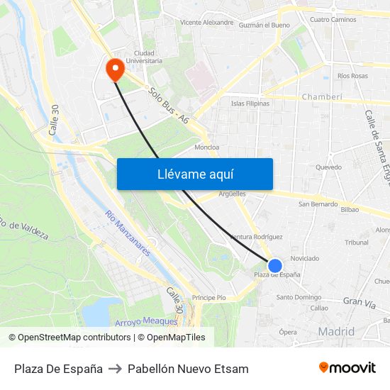 Plaza De España to Pabellón Nuevo Etsam map