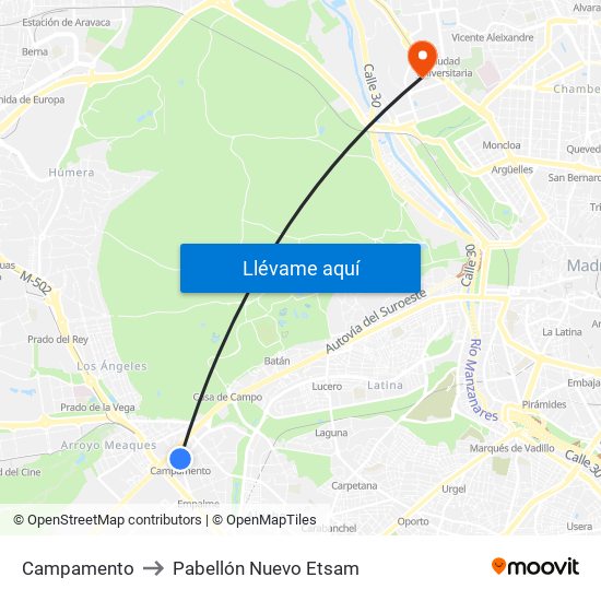 Campamento to Pabellón Nuevo Etsam map