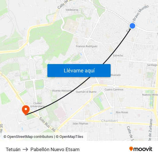 Tetuán to Pabellón Nuevo Etsam map
