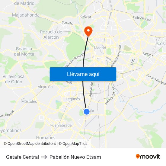 Getafe Central to Pabellón Nuevo Etsam map