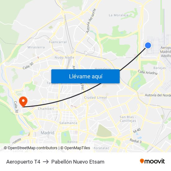 Aeropuerto T4 to Pabellón Nuevo Etsam map