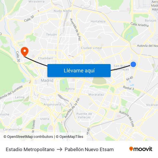 Estadio Metropolitano to Pabellón Nuevo Etsam map