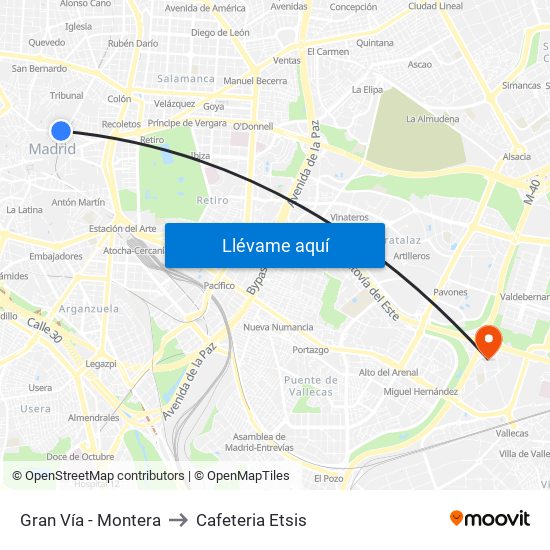 Gran Vía - Montera to Cafeteria Etsis map