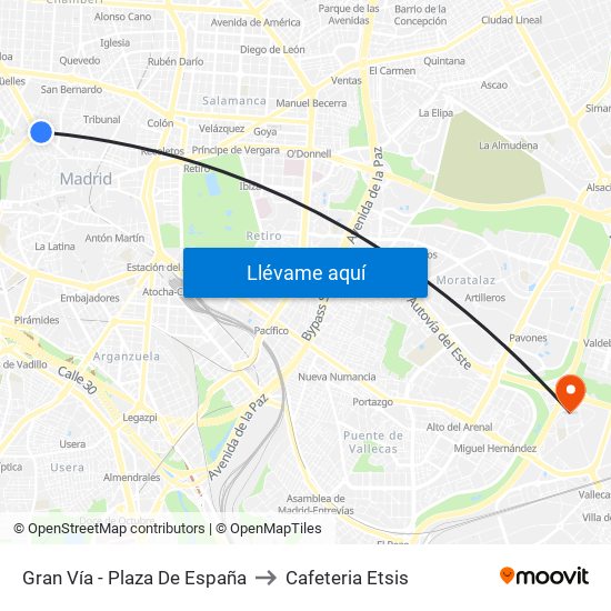 Gran Vía - Plaza De España to Cafeteria Etsis map